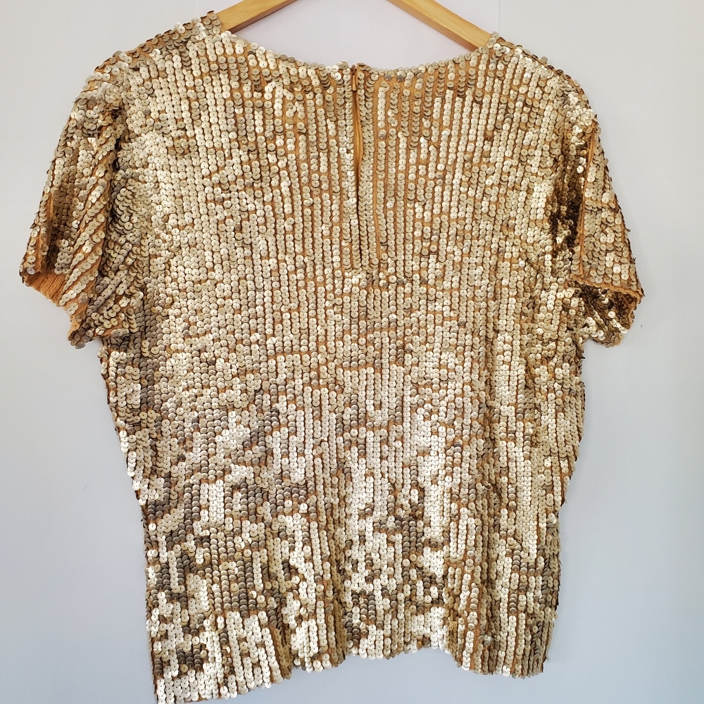 VINTAGE OSCAR DE LA RENTA Sz L Gold Sequin Short Sleeve Sweater Top Zip GLITZY - Picture 8 of 16